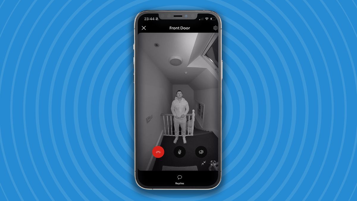 iPhone showing black and white night vision image captured by Ring Battery Video Doorbell Plus (2nd Gen)