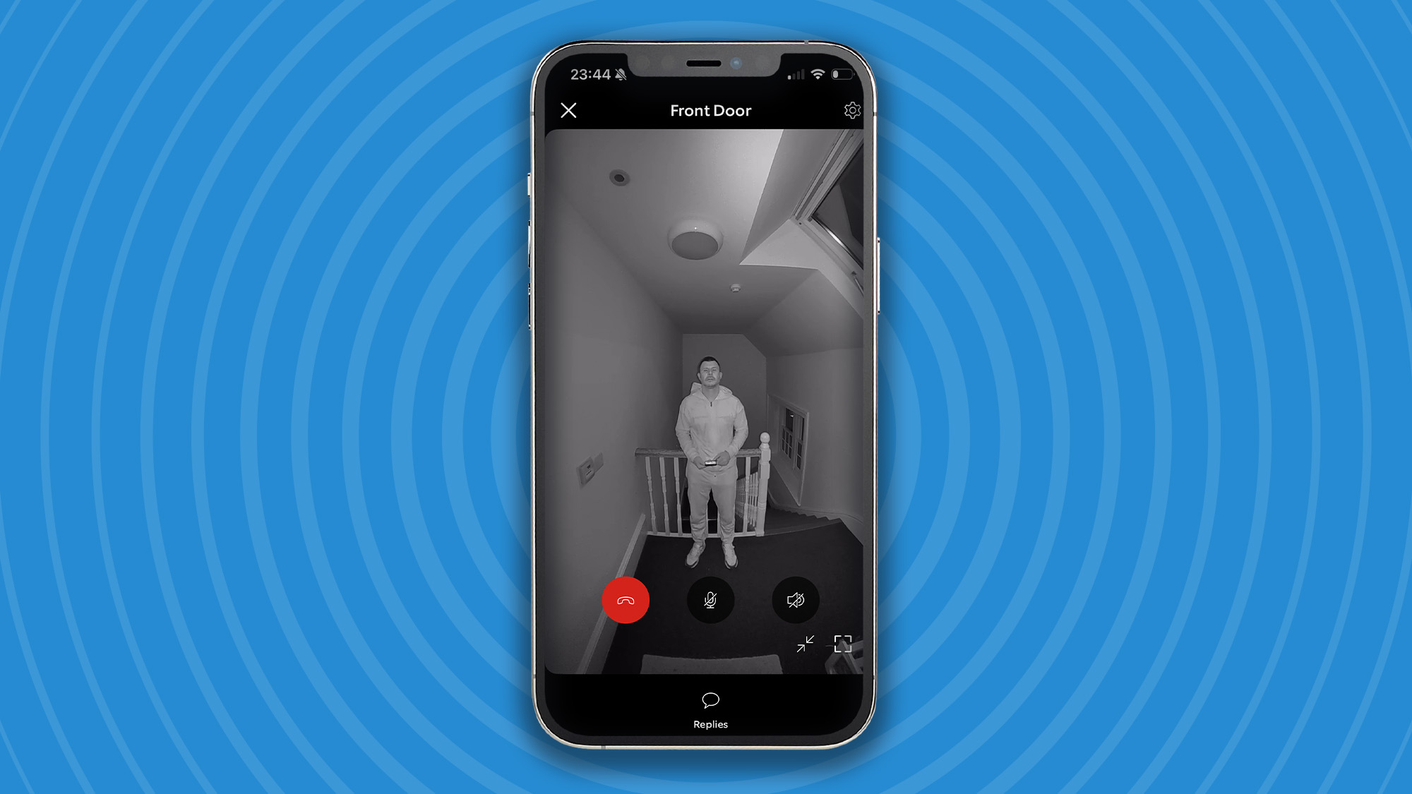 iPhone showing black and white night vision image captured by Ring Battery Video Doorbell Plus (2nd Gen)