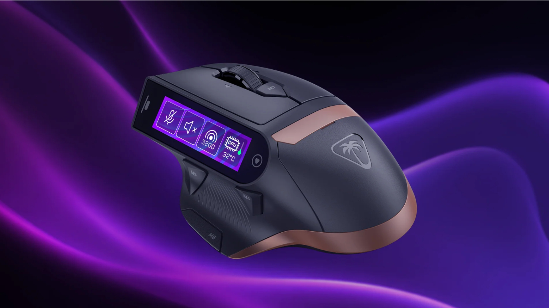 A Turtle Beach Command Series MC7 gaming mouse on a purple and black background
