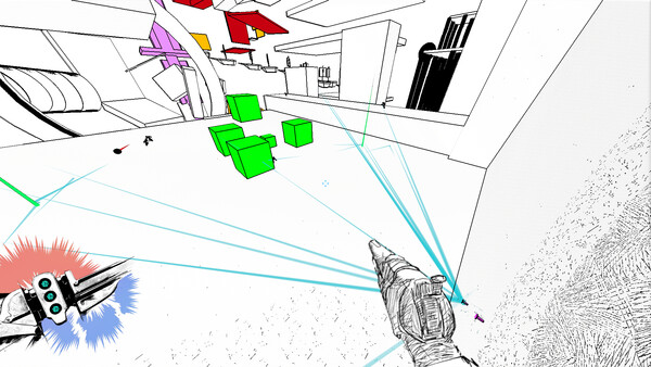Screenshots from the indie first-person-shooter game VINCIT showing a mix of hand-drawn and CGI art style