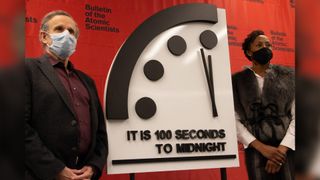 Members of the Bulletin of the Atomic Scientists' Science and Security Board, Robert Rosner and Suzet McKinney, reveal the 2021 setting of the Doomsday Clock: It is still 100 seconds to midnight.