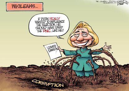 Political cartoon U.S. 2016 election Hillary Clinton Wikileaks emails