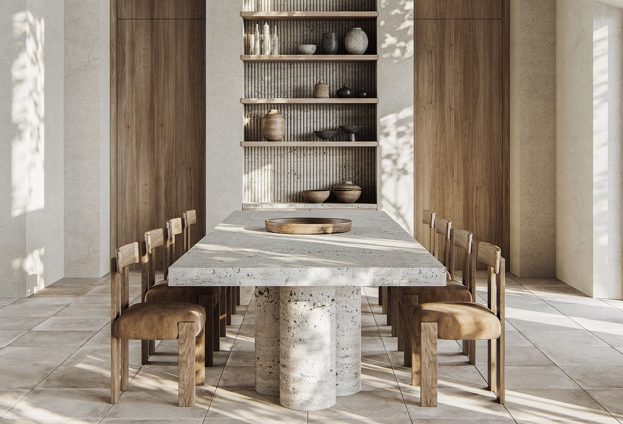 minimalist dining room with wood chairs and stone table