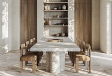 minimalist dining room with wood chairs and stone table