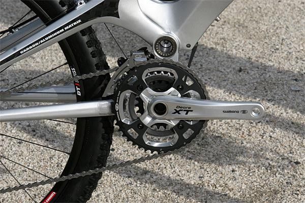 Shimano's new Deore XT crankset uses a trick carbon-and-steel middle ring for lightweight durability.