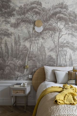 ochre, white and brown bedroom