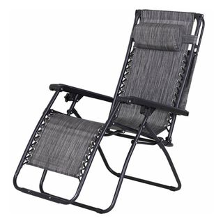 Grey material deckchair with a black metal folding frame