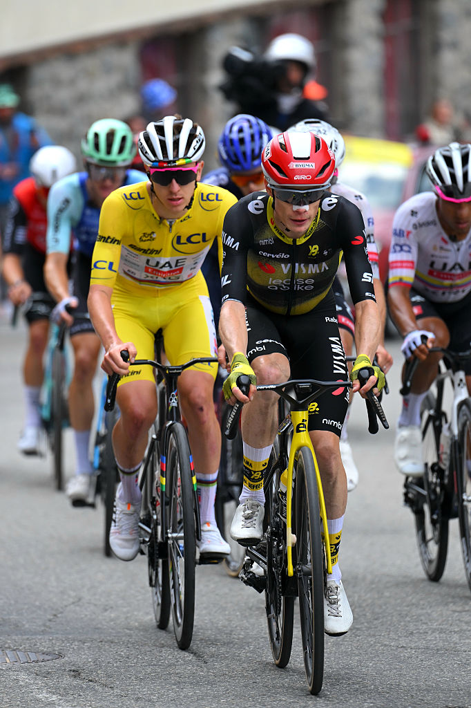 COURCHEVEL - COL DE LA LOZE, FRANCE - JULY 24: (L-R) Tadej Pogacar of Slovenia and UAE Team Emirates - XRG - Yellow Leader Jersey and Jonas Vingegaard of Denmark and Team Visma | Lease a Bike compete during the 112th Tour de France 2025, Stage 18 a 171.5km stage from Vif to Courchevel - Col de la Loze 2298m / #UCIWT / on July 24, 2025 in Courchevel - Col de la Loze, France. (Photo by Tim de Waele/Getty Images)