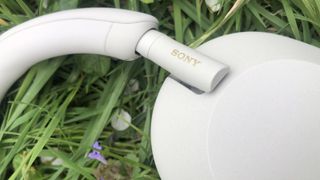 Sony WH-1000XM5 on grass revealing Sony logo detail