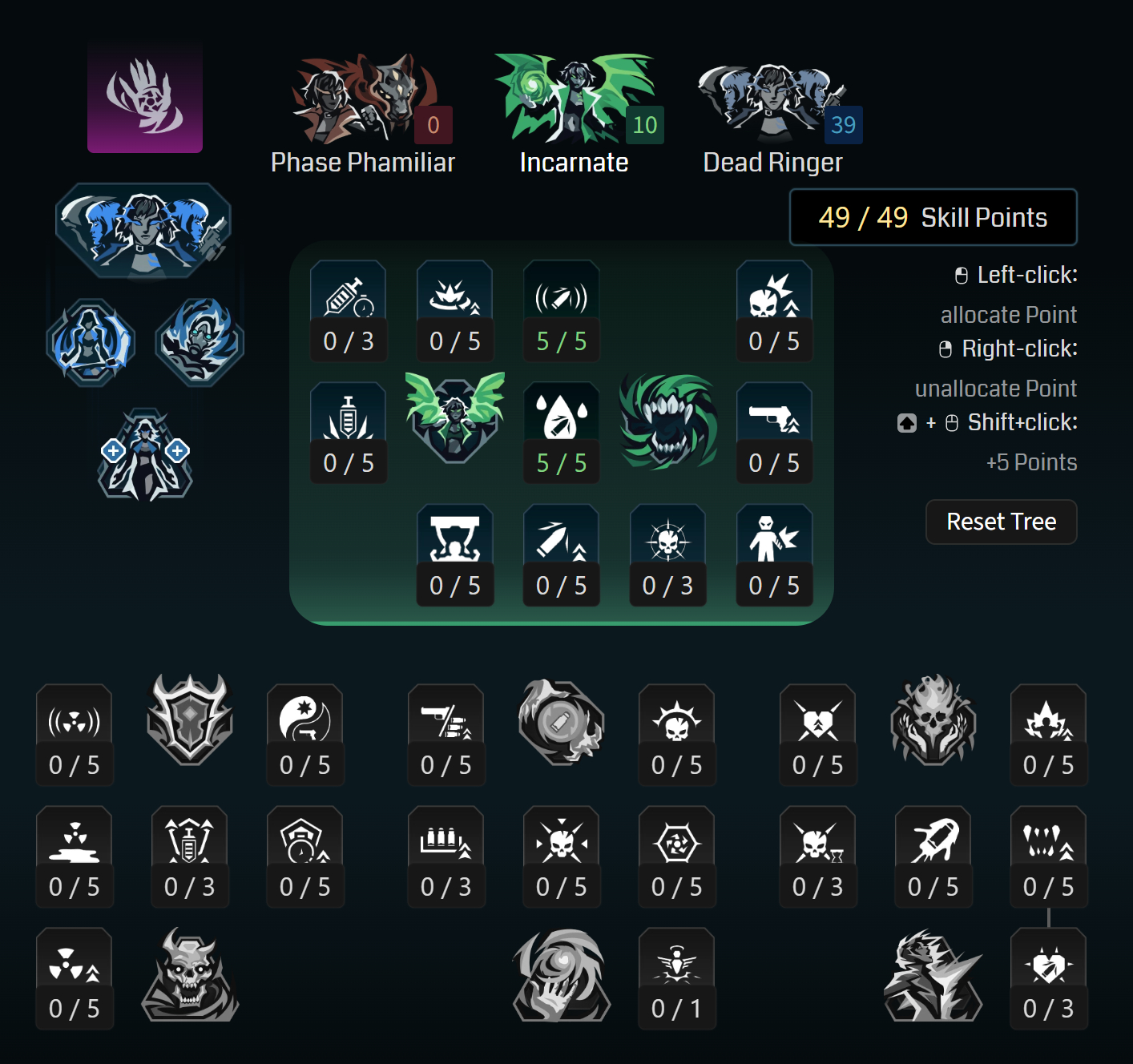 Borderlands 4 Vex builds: A screenshot of Vex's Vexcalation/Incarnate tree for her levelling build from Maxroll's builder.