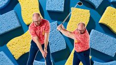 A background of blue and yellow sponges, with inset images of Russell Covey demonstrating the sponge drill, one at address in the golf posture and one at the top of his backswing, both with a sponge lodged under his lead arm to maintain connection in the golf swing