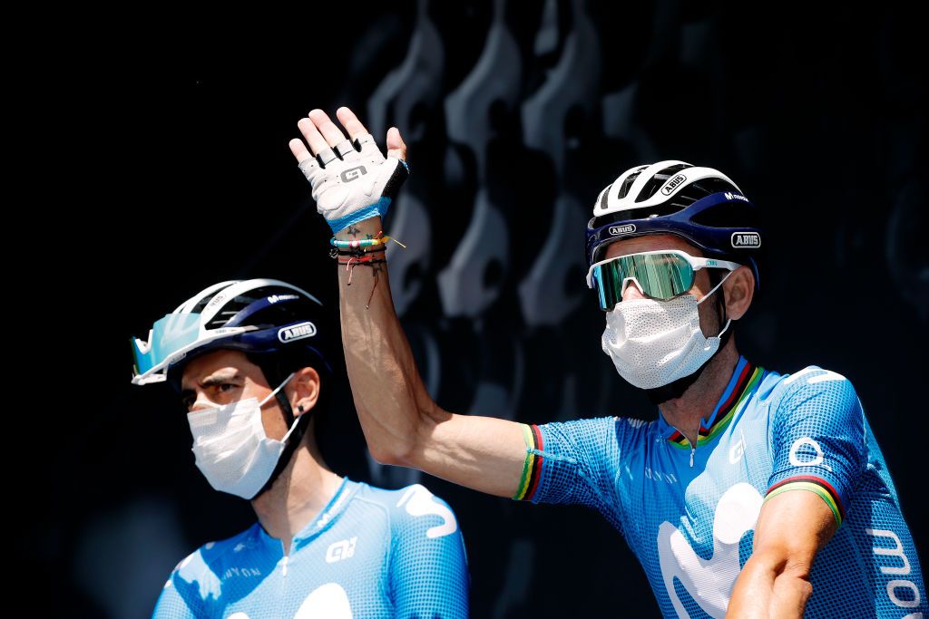 SAINT HAON LE VIEUXON FRANCE JUNE 01 Alejandro Valverde Belmonte of Spain and Movistar Team at start during the 73rd Critrium du Dauphin 2021 Stage 3 a 1722km stage from Langeac to Saint Haon Le Vieuxon Team Presentation UCIworldtour Dauphin dauphine June 01 2021 in Saint Haon Le Vieuxon France Photo by Bas CzerwinskiGetty Images