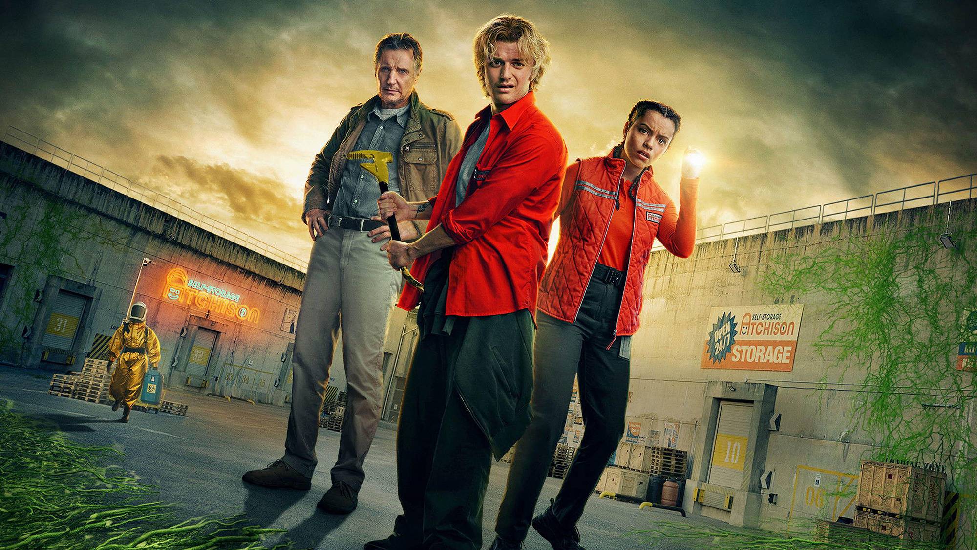 Liam Neeson, Joe Keery, and Georgina Campbell in poster for "Cold Storage" (2026)