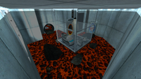 The starting chamber in Portal, but the floor is covered in lava.