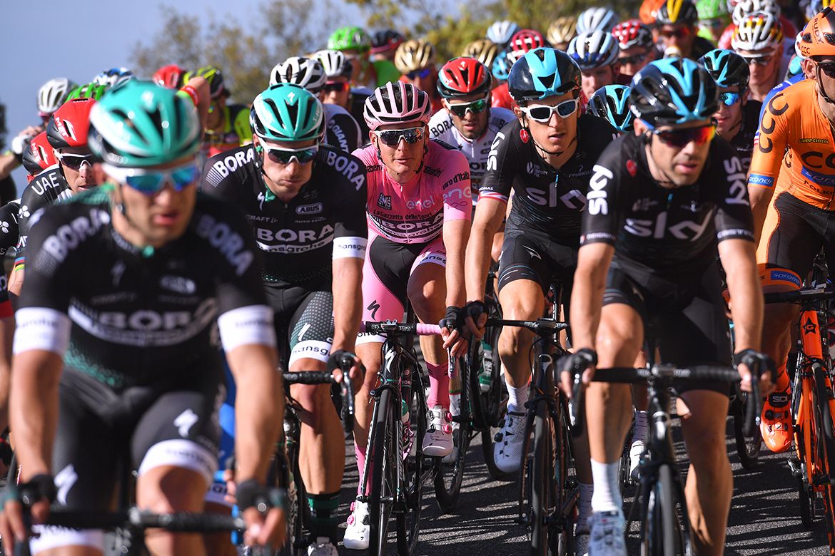 Lukas P&ouml;stlberger staying safe in the pack on stage 2 at the Giro d'Italia
