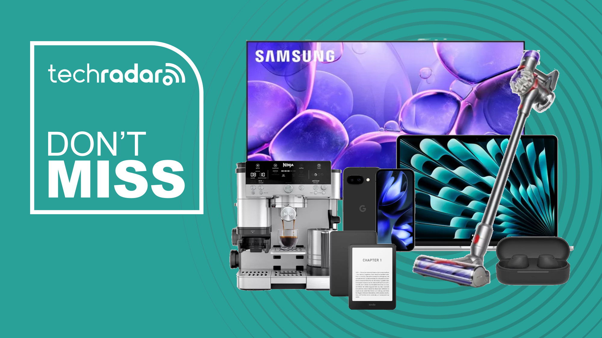 Collage of tech deals from the Currys bank holiday sale, including a Samsung TV, MacBook, Ninja coffee maker, Kindle, Dyson and Sony earbuds