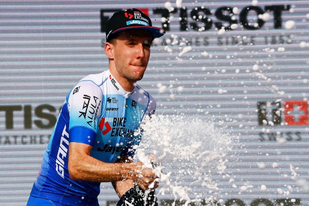 BUDAPEST HUNGARY MAY 07 Simon Yates of United Kingdom and Team BikeExchange Jayco celebrates winning the stage on the podium ceremony after the 105th Giro dItalia 2022 Stage 2 a 92km individual time trial stage from Budapest to Budapest ITT Giro WorldTour on May 07 2022 in Budapest Hungary Photo by Tim de WaeleGetty Images