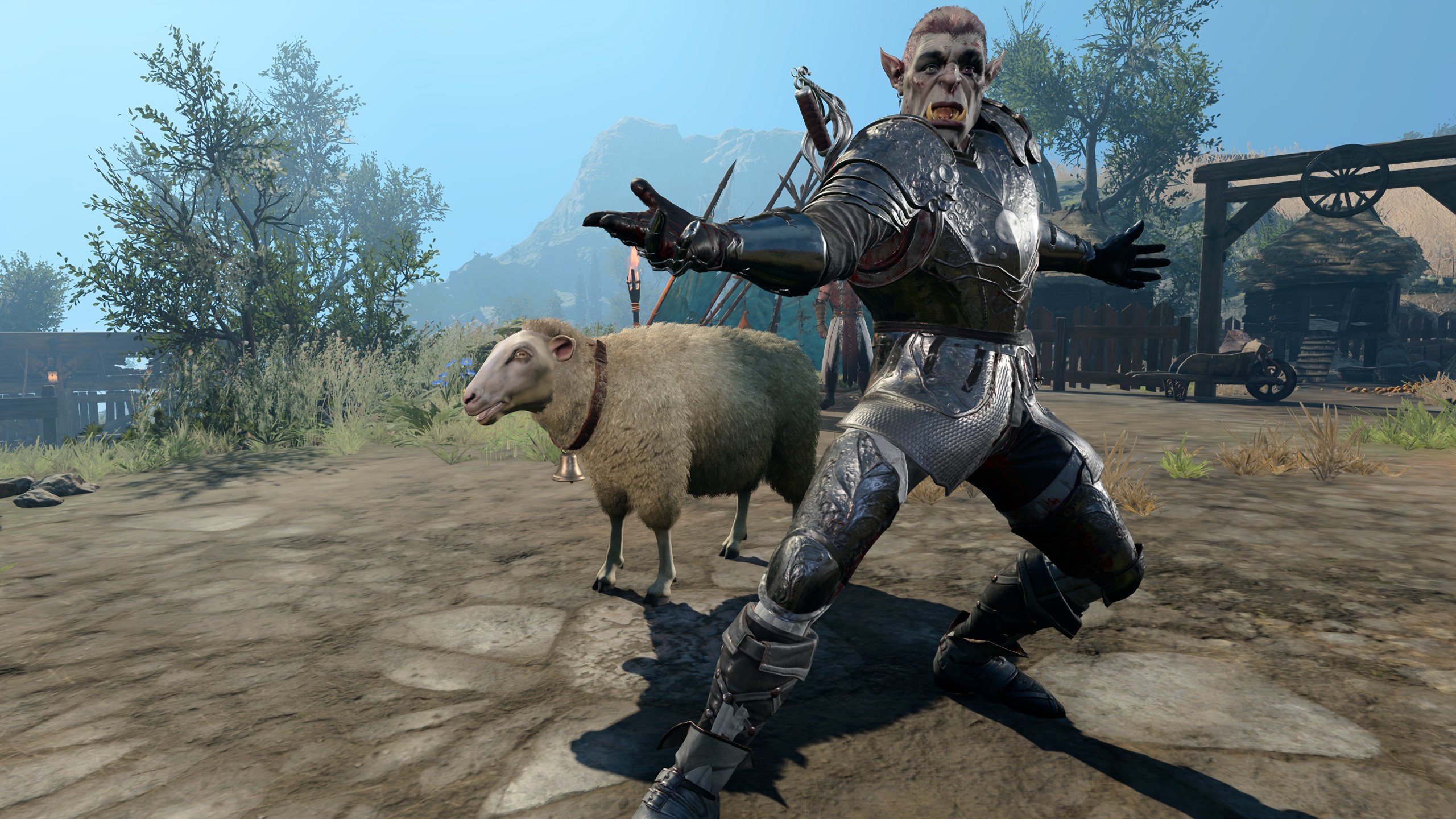 Half Orc Knight posing next to sheep Harvard Willoughby in Baldur&#039;s Gate 3