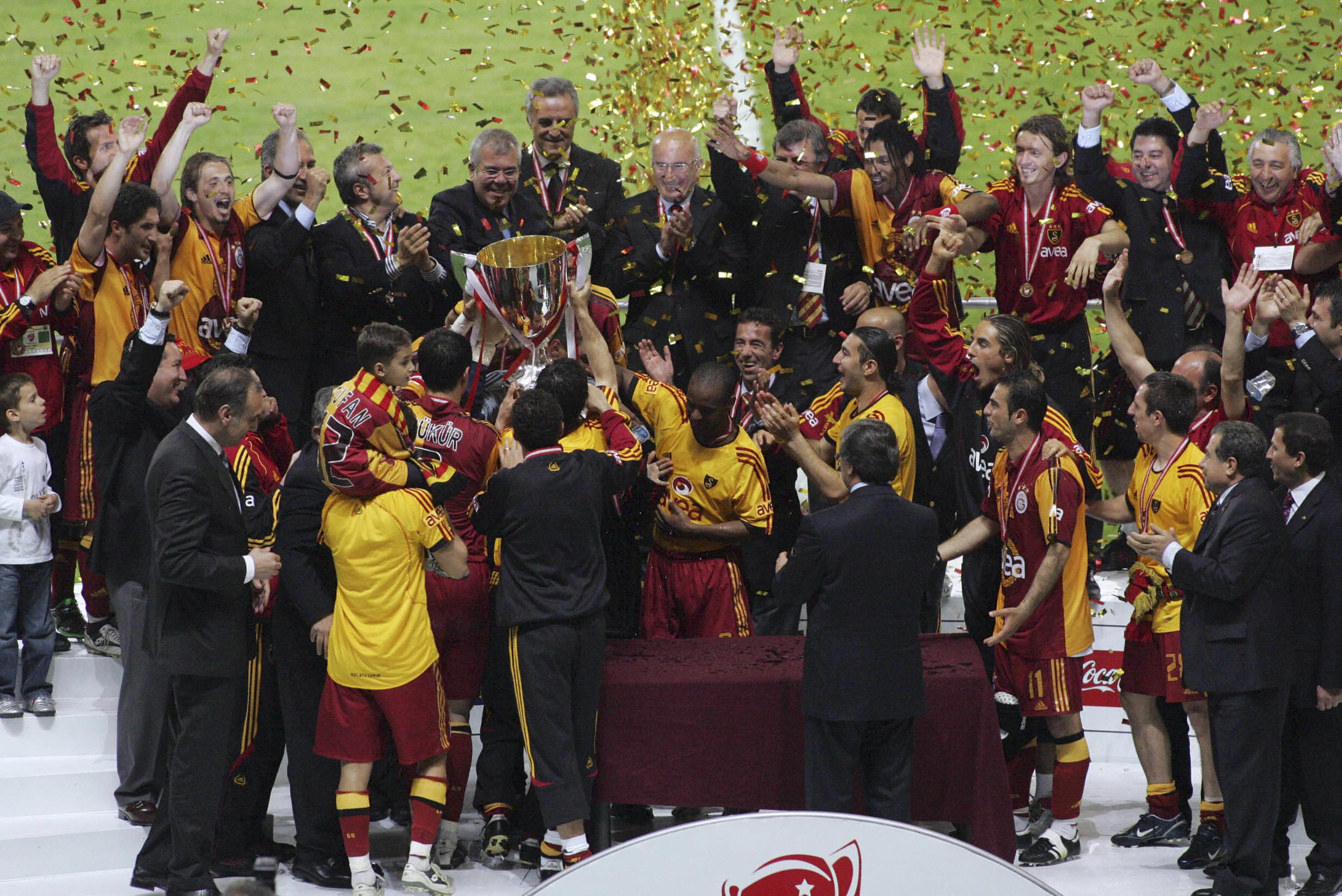 Galatasaray players celebrate their 5-1 Turkish Cup final win over Fenerbahce in May 2005.