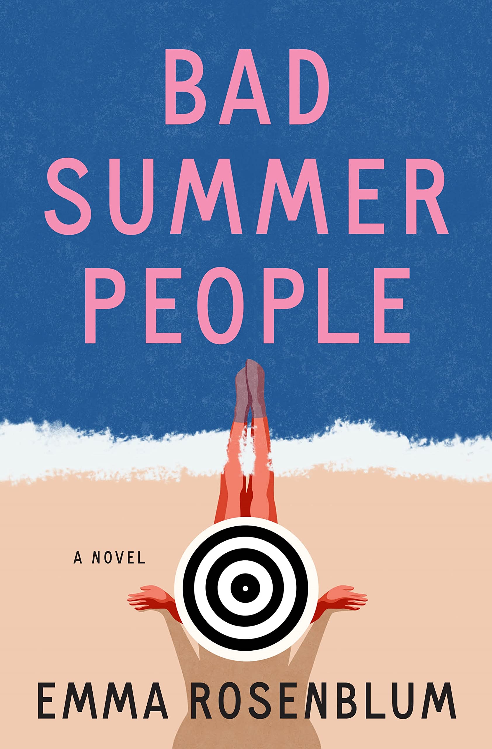 the cover of the book bad summer people featuring a woman in a striped hat sitting on the beach