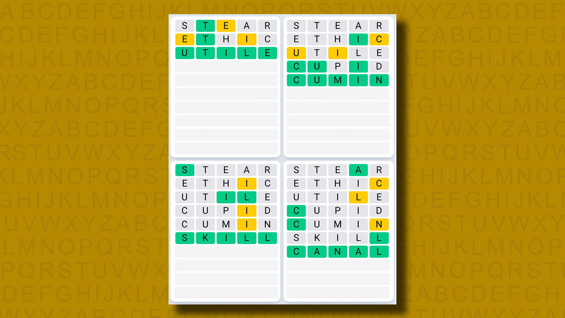 Quordle Daily Sequence answers for game 1251 on a yellow background