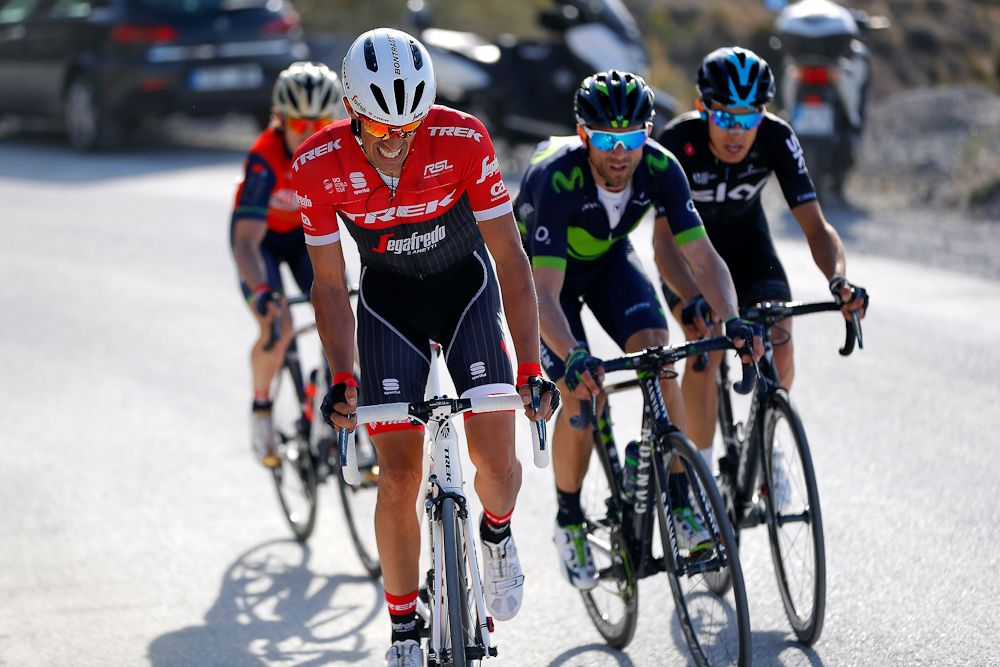 Alberto Contador rides with the leaders during a climb on stage 1 at Ruta del Sol