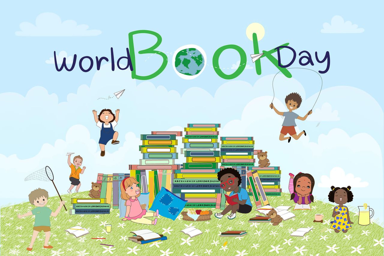 An illustration of children surrounded by various books. 