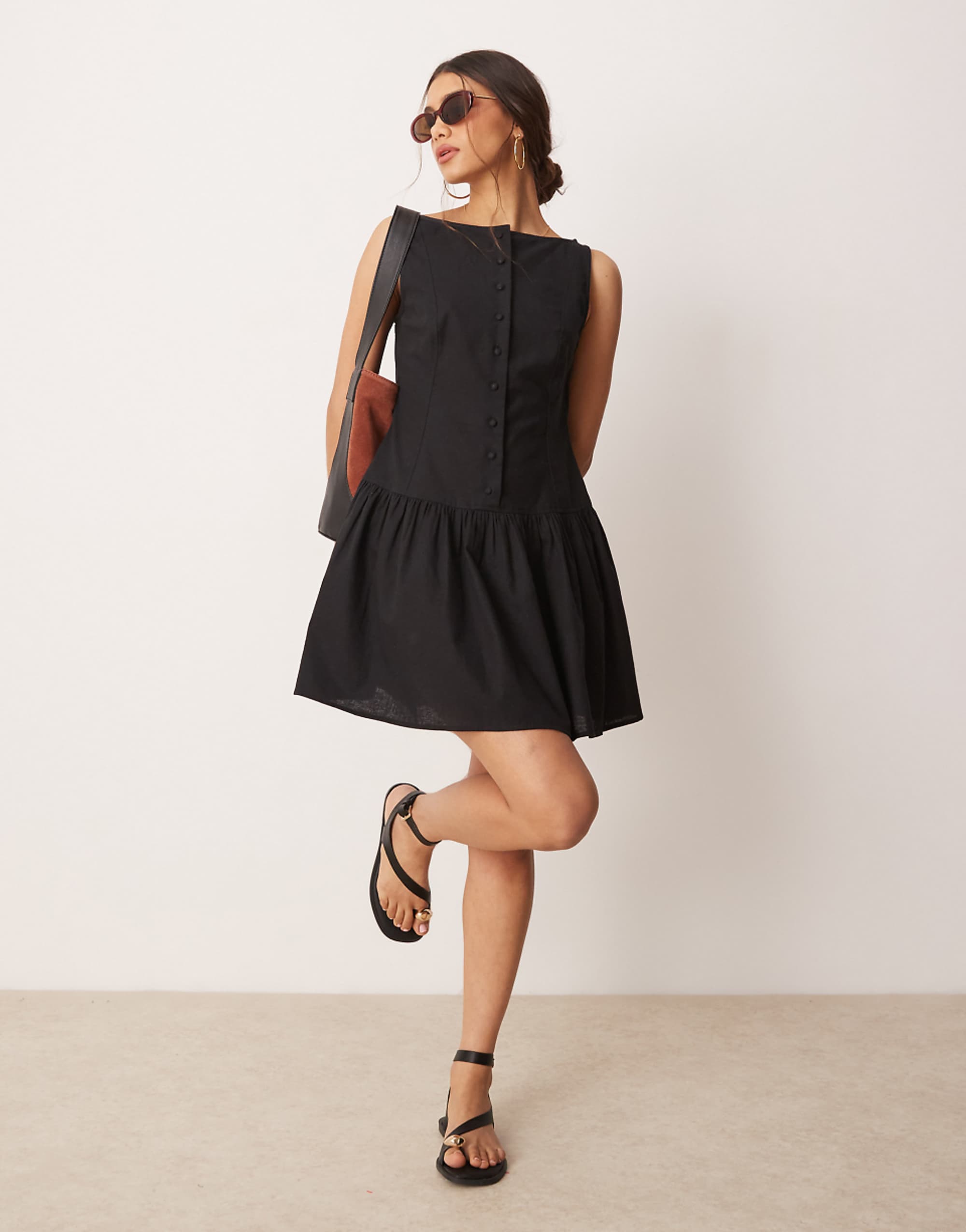 Asos Design Slash Neck Button Down Dropped Waist Mini Dress in Black