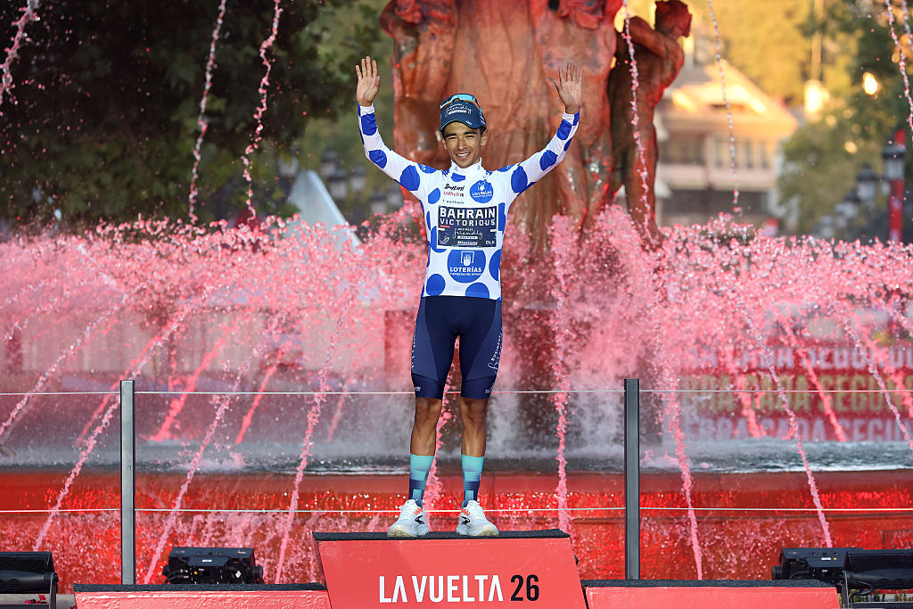 GRANADA, SPAIN - SEPTEMBER 13: Santiago Buitrago of Colombia and Team Bahrain Victorious celebrates at podium as Polka dot Mountain Jersey winner during the La Vuelta - 81st Tour of Spain 2026, Stage 21 a 112km stage from Granada to Granada / #UCIWT / on September 13, 2026 in Granada, Spain. (Photo by Alexander Hassenstein/Getty Images)
