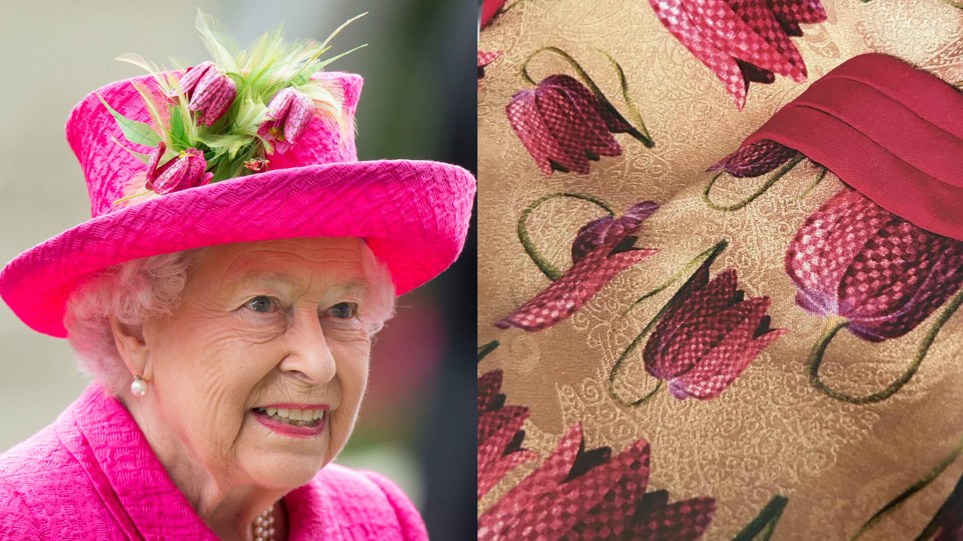 Queen Elizabeth wearing a bright pink hat, a piece of fabric with fuschia flowers