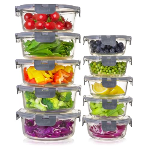 Igluu Meal Prep Glass Containers With Airtight Lids 10 Pack Round 2 Sizes 950ml and 400ml Bpa-Free Meal Prep Containers Reusable – Borosilicate Glass, Oven Safe