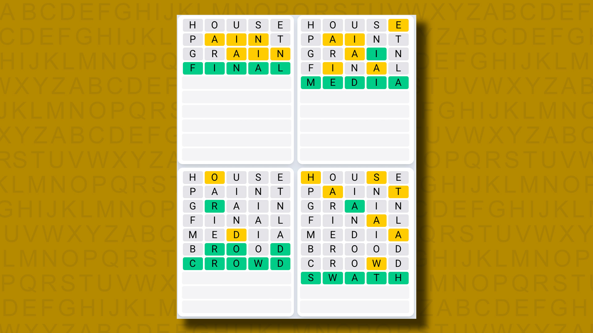 Quordle Daily Sequence answers for game 1236 on a yellow background