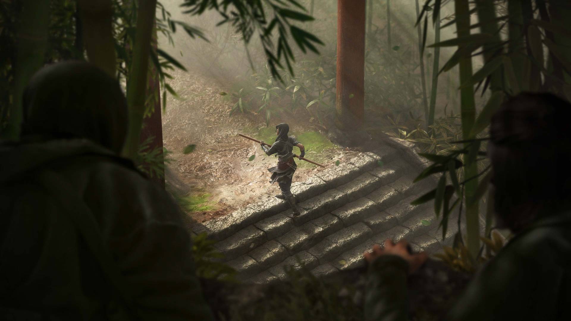 Assassin's Creed Shadows Claws of Awaji expansion Naoe walking through torii gate with bo staff