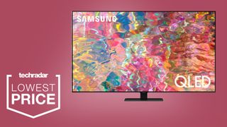 Samsung Q80B TV on pink background