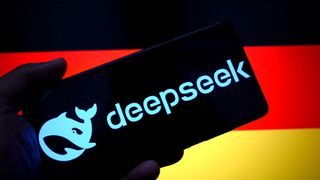 DeepSeek logo is seen displayed on a smartphone with the flag of Germany in the background.