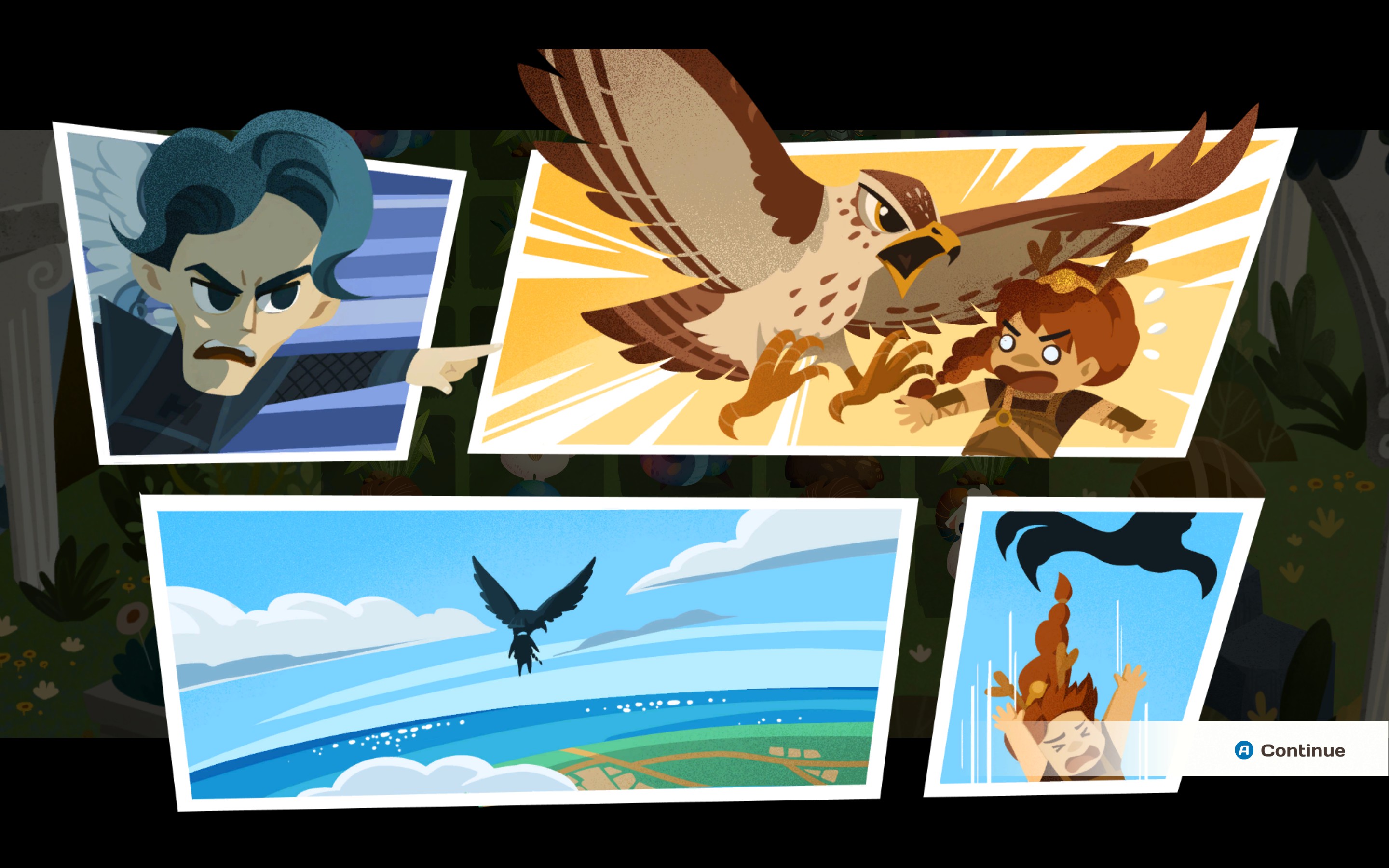 Artemis being carried away and dropped by a giant bird in Mythmatch.