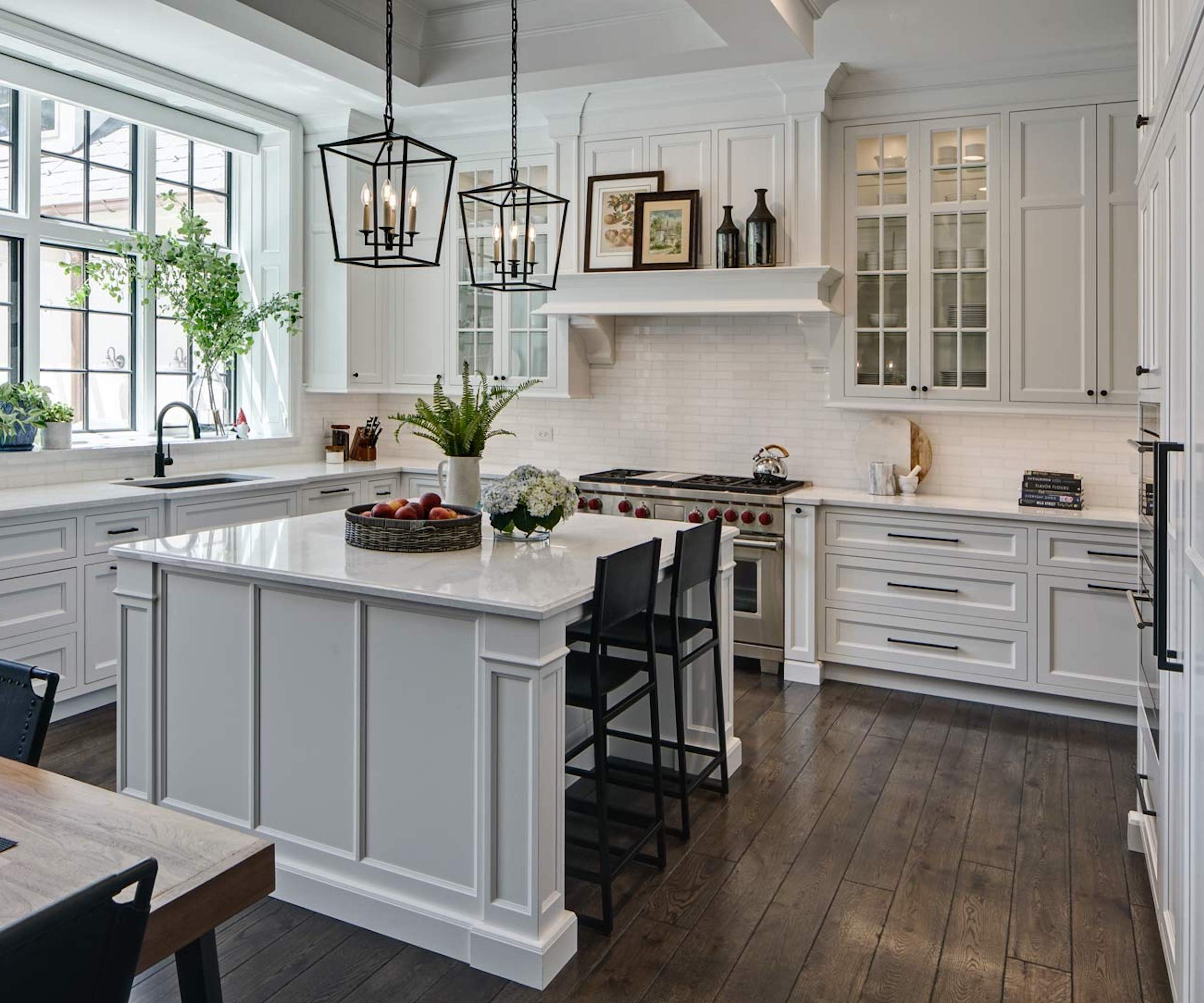 white kitchen with black stools
