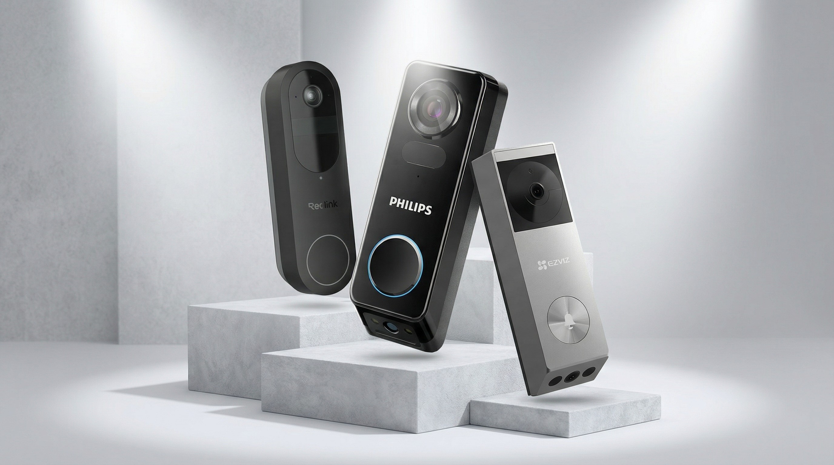 Three video doorbells on light gray platforms with studio lighting