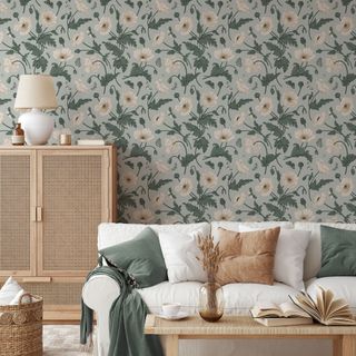 Green floral removable wallpaper in neutral room