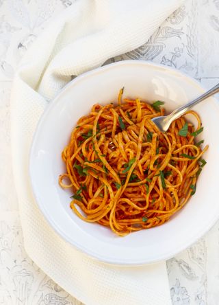 Spaghetti with a red pepper sauce