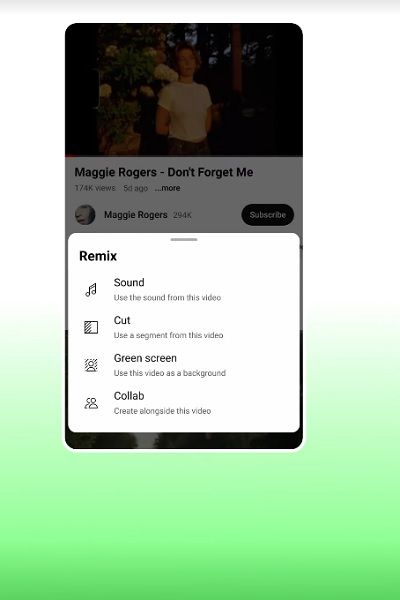 YouTube's new "Remix" menu, providing users with four options to use their favorite music videos.