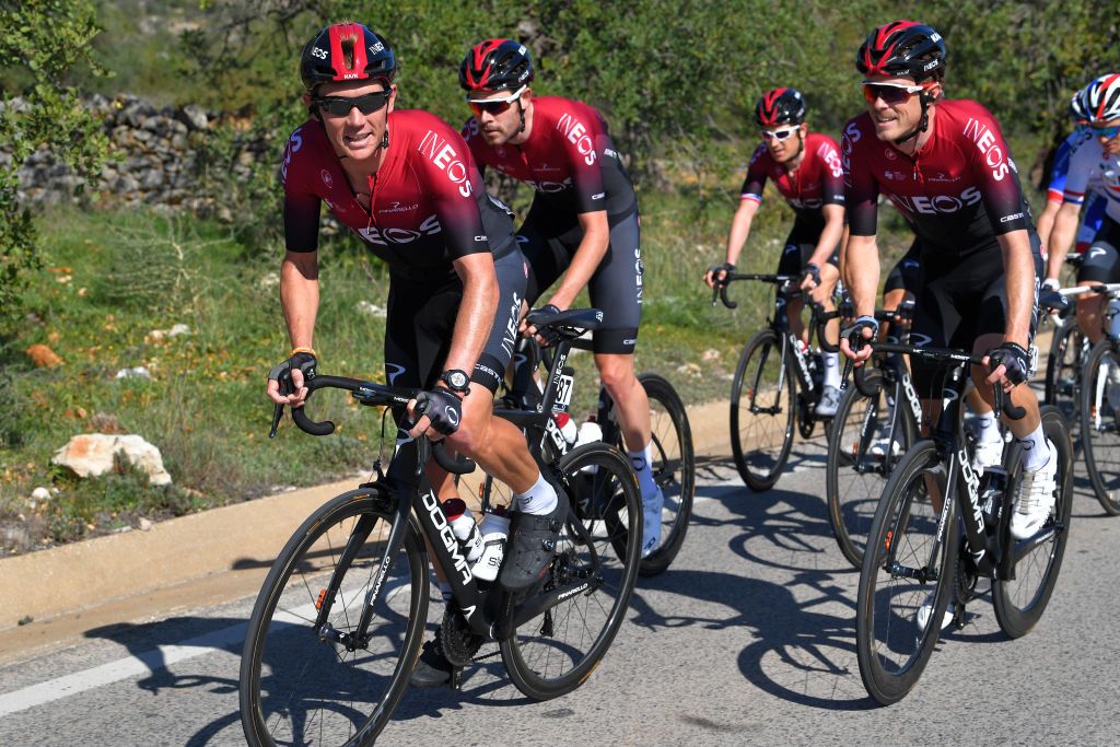 ALTO DO MALHO LOUL PORTUGAL FEBRUARY 22 Cameron Wurf of Australia and Team INEOS Luke Rowe of The United Kingdom and Team INEOS Rohan Dennis of Australia and Team INEOS during the 46th Volta ao Algarve 2020 Stage 4 a 1697km stage from Albufeira to Alto do Malho 518m Loul VAlgarve2020 on February 22 2020 in Alto do Malho Loul Portugal Photo by Tim de WaeleGetty Images