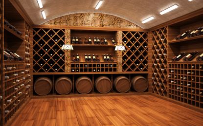 A stocked wine cellar with wood and design.