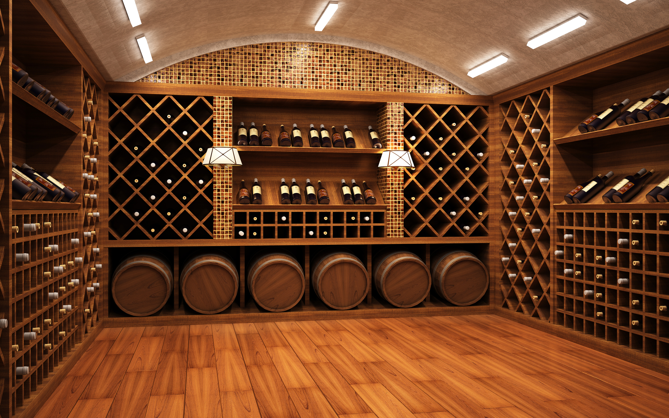 A stocked wine cellar with wood and design.