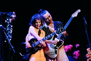 Carlotta Cosials and Ana Garcia Perrote of the Spanish indie rock band Hinds perform in concert at Teatro La Latina on April 04, 2021 in Madrid, Spain