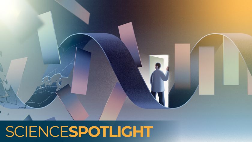 An illustration of a scientist walking through a door wrapped in a strand of disintegrating mRNA