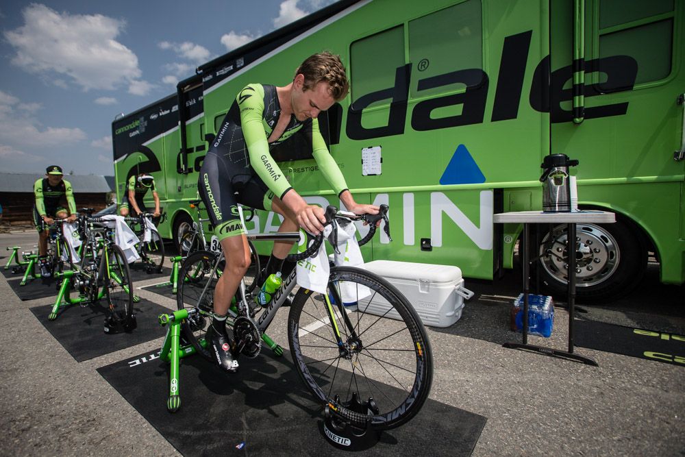 Cannondale-Garmin riders warm up before todays start