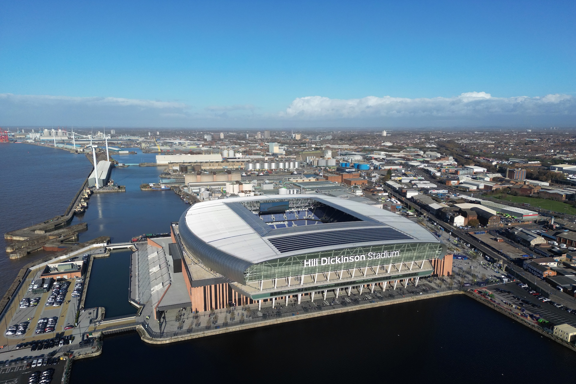 An aerial view of the stadium prior to the Premier League match between Everton and Fulham at the Hill Dickinson Stadium