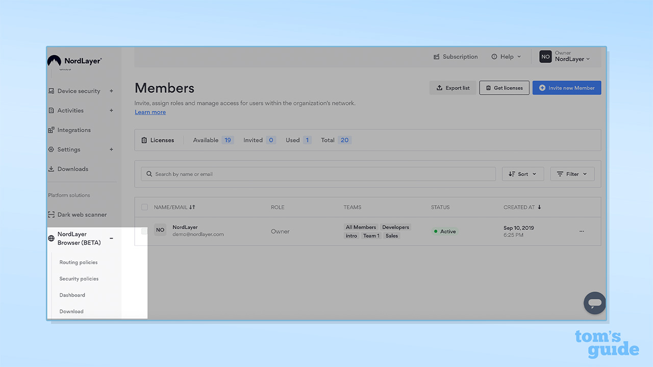 Screenshot of NordLayer dashboard showing Browser options