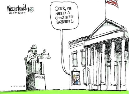 Political Cartoon U.S. Trump build the wall justice system